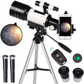 Astronomical telescope suitable for children and beginners, astronomical refracting telescope with 70mm aperture and 300mm focal length, portable travel telescope with tripod, smartphone holder and Bluetooth remote control